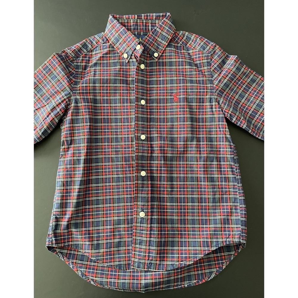 Polo Ralph Lauren Boy Size 5 Plaid Button Down Shirt Navy Red Long Sleeve Cotton - Picture 3 of 11